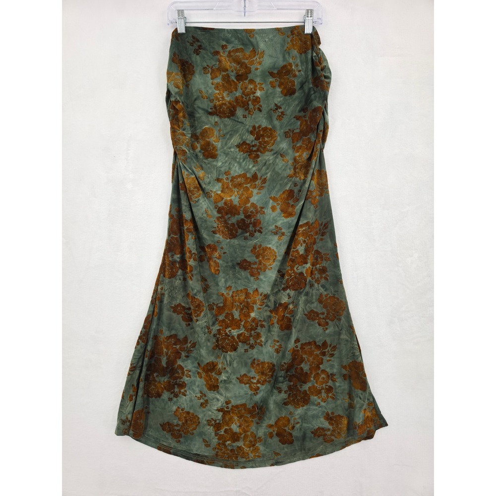 Cider Floral Burnout Velvet Maxi Skirt Green Bronze Ruched Side 1XL Whimsigoth